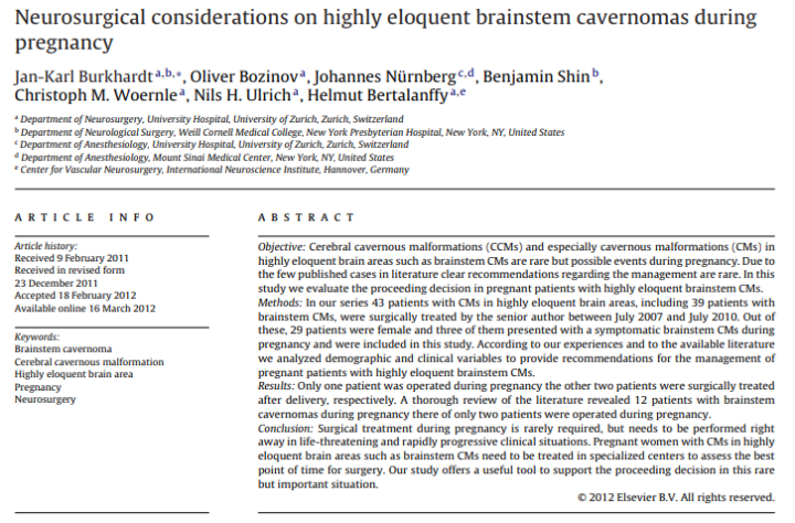 Neurosurgical considerations on highly eloquent brainstem cavernomas during pregnancy