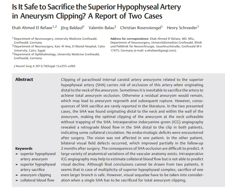 Is It Safe to Sacrifice the Superior Hypophyseal Artery in Aneurysm Clipping? A Report of Two Cases