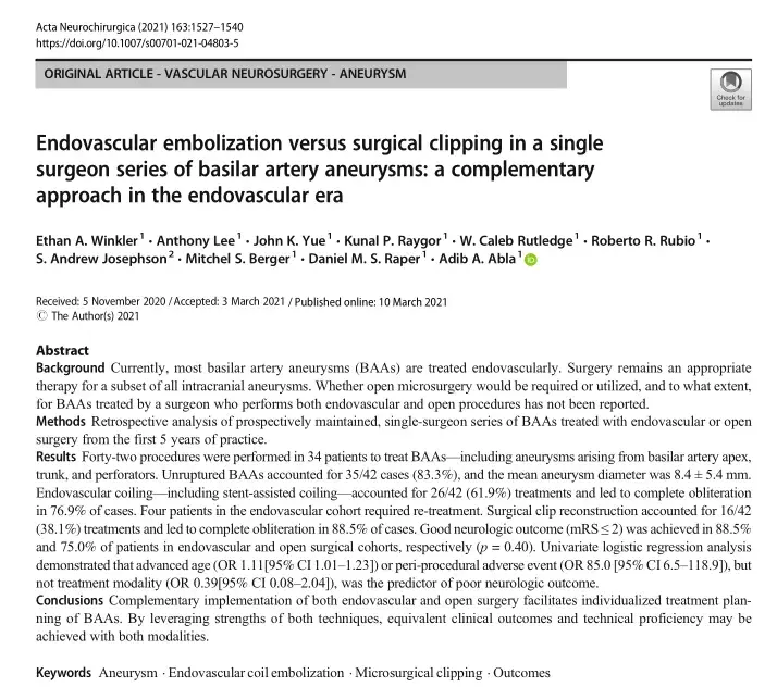 Endovascular embolization versus surgical clipping in a single surgeon series of basilar artery aneurysms: a complementary approach in the endovascular era
