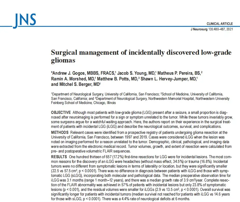 Surgical management of incidentally discovered low-grade gliomas