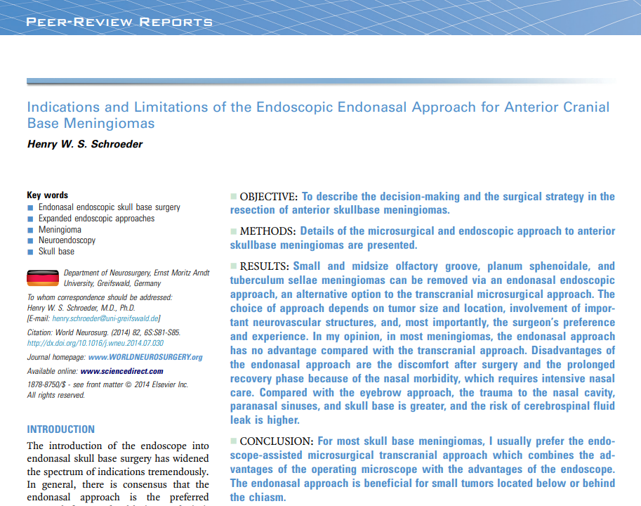 Indications and Limitations of the Endoscopic Endonasal Approach for Anterior Cranial Base Meningiomas