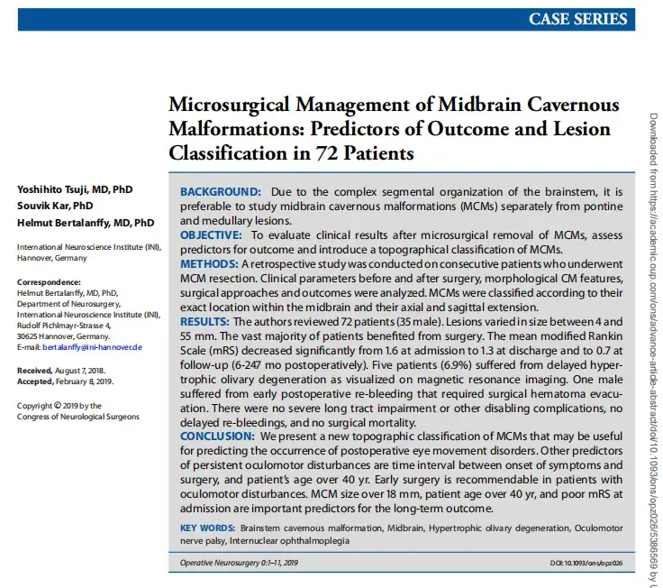Microsurgical Management of Midbrain Cavernous Malformations: Predictors of Outcome and Lesion Classification in 72 Patients