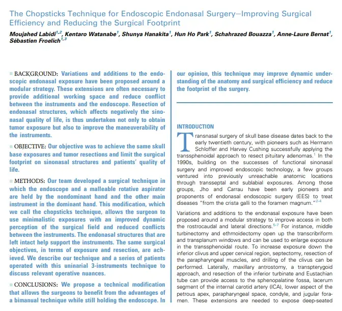 《The Chopsticks Technique for Endoscopic Endonasal Surgery-Improving Surgical Efficiency and Reducing the Surgical Footprint》